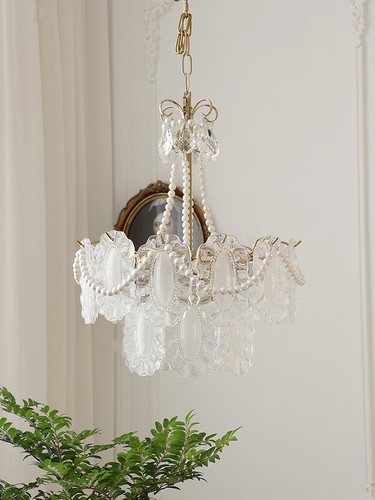 法式华丽复古珍珠玻璃餐厅卧室灯具奶油风高级感轻奢水晶客厅吊灯-图0