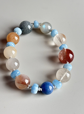 柔顺兔毛海蓝宝灰月光925隔片显温柔女款手串一图一拍