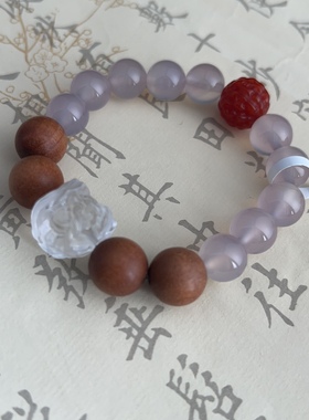 纯天然小众老料冰种紫玉髓珠迈索尔檀木满肉南红珠新中式女款手串