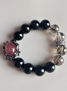 【魅影】暗黑系鸽血红星光草莓黑曜石茶发晶复古手串个性甜酷辣妹