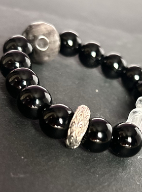 它的星球  收藏级天然黑曜石银耀陨石配珠白水晶熊宝女款甜酷手链