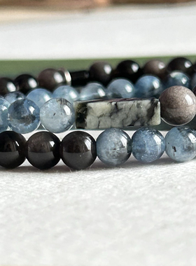 天然黑爆闪海蓝宝曜石手链女招财转运小众银曜石猫眼水晶串珠手链