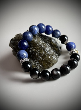金银曜石猫眼黑曜石手串蓝纹石／招财转运串珠男女同款生日礼物