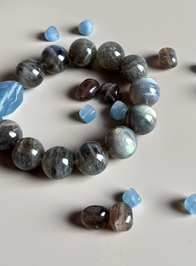 【海上霓虹】天然鬼蓝海蓝宝水晶灰月光特别设计款手串大珠径