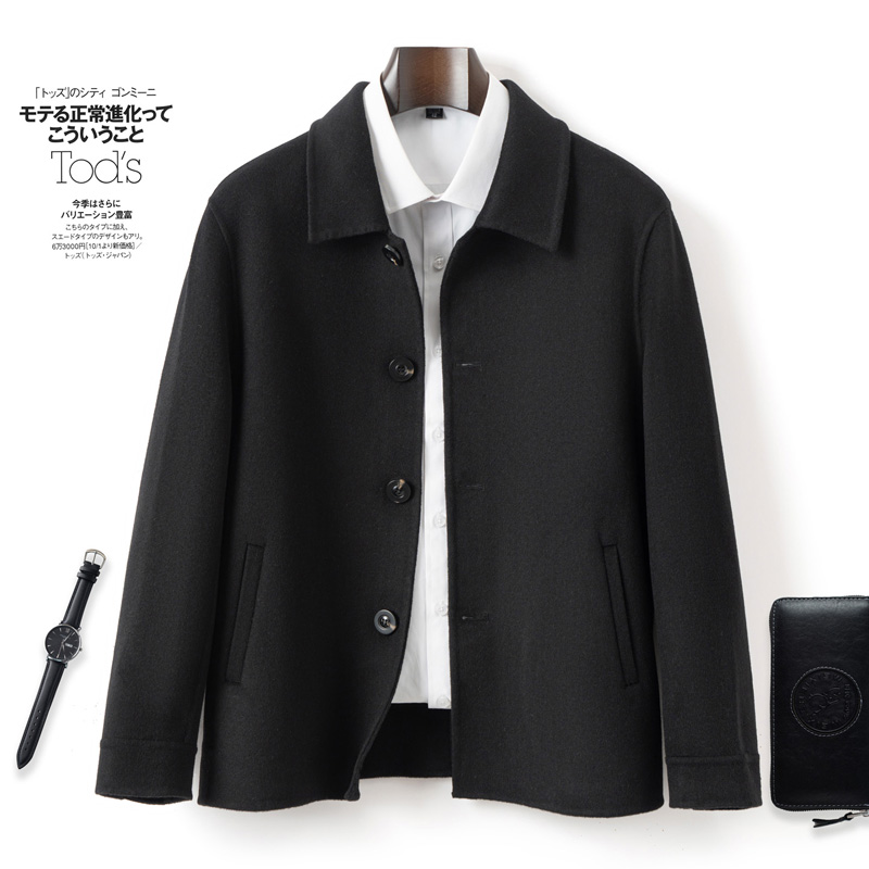 秋冬新款双面翻领行政夹克大衣男短款100%羊毛呢子休闲外套净色 - 图1