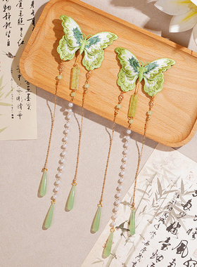 古风绿色蝴蝶刺绣汉服配饰后压