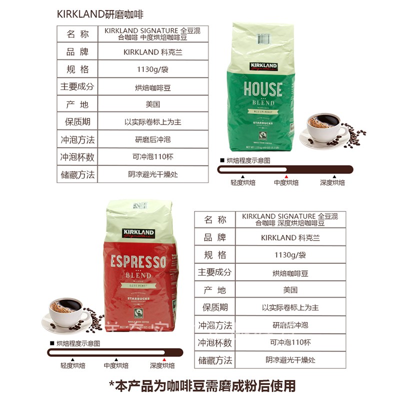 现货正品 美国Kirkland中度HOUSE/重度法式意式烘焙咖啡豆1.13KG - 图1