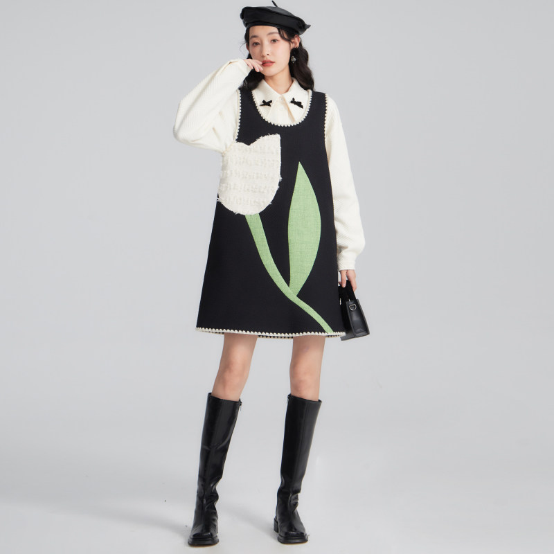 有耳uare原创设计 郁金香艺术感针织马甲背心毛衣连衣裙衬衫套装