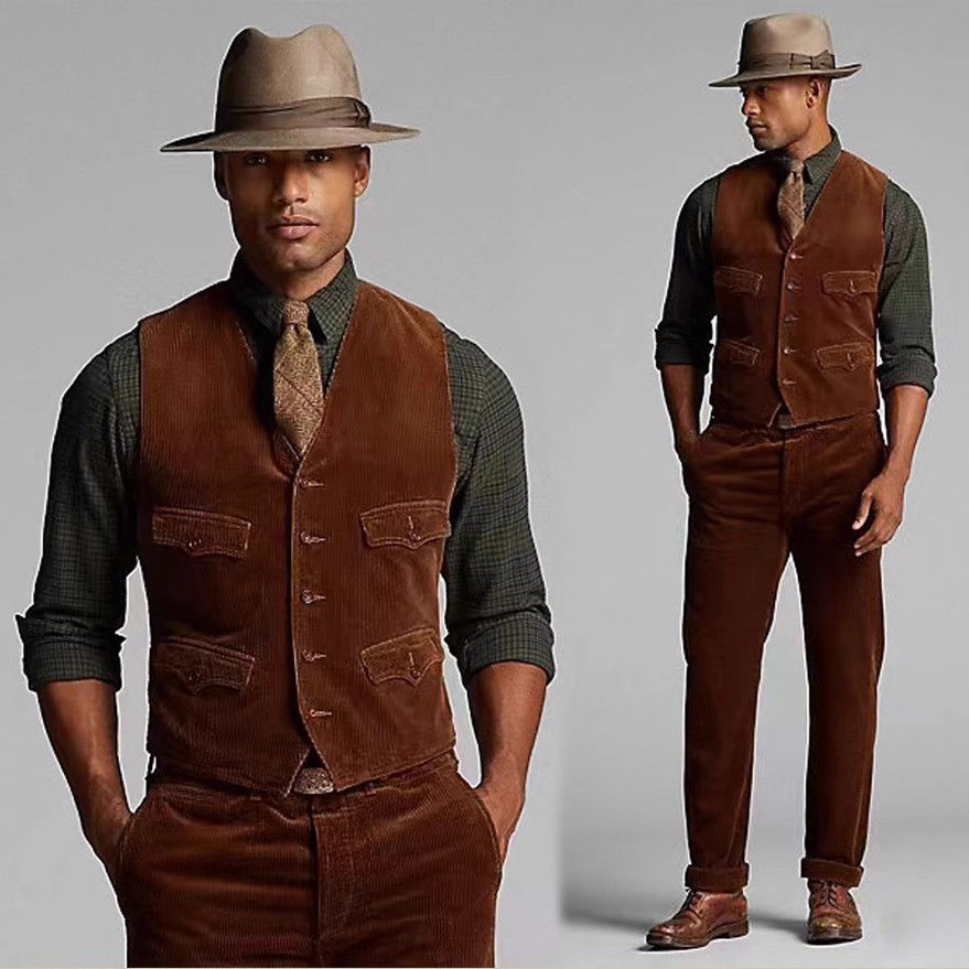 男士秋冬复古美式粗花呢拼接灯芯绒猎装商务马甲绅士装短款背心 - 图1