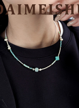 春季时尚小清新蓝色四叶草天然石串珠项链轻奢感百搭锁骨链女