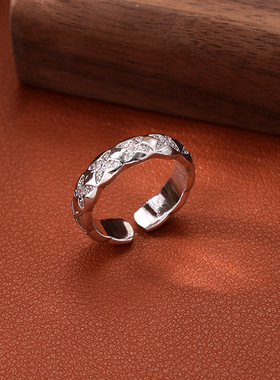 铜镀真金欧美爆款微镶锆石开口戒指女小众高级轻奢简约花朵指环