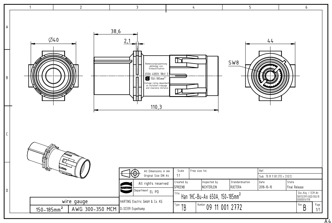 HARTING 浩亭 09110012772  150-185²  4000V 650A 同轴螺栓 - 图1