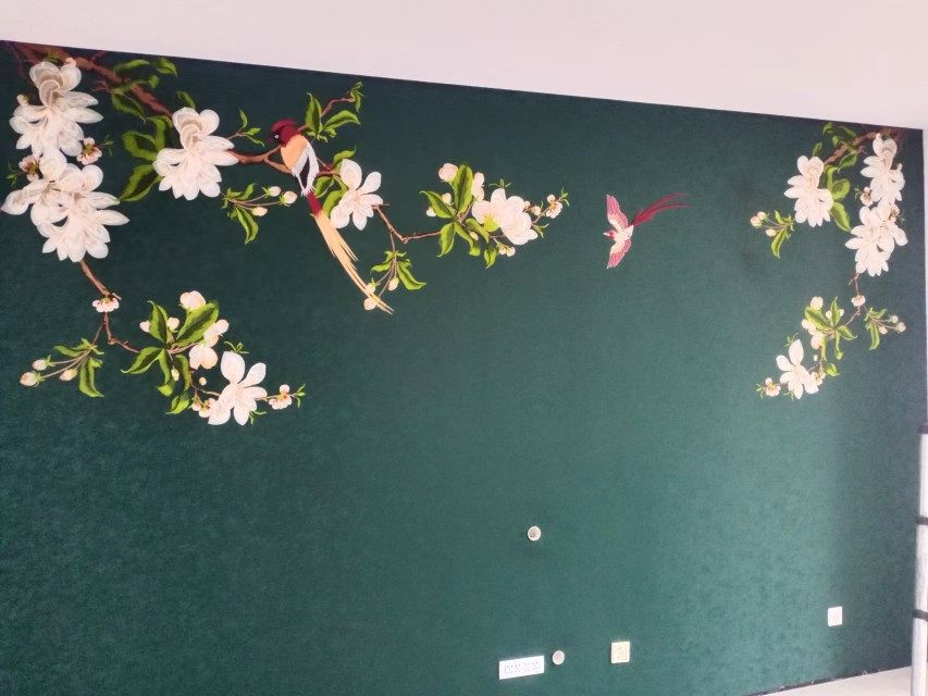 独秀刺绣壁布玉兰独绣背景墙新中式卧室客厅床头花鸟墙布厂家直销