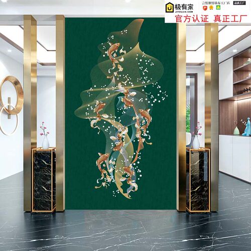 独绣九鱼图玄关背景墙布独秀刺绣壁布走廊现代新中式客厅新款 - 图0