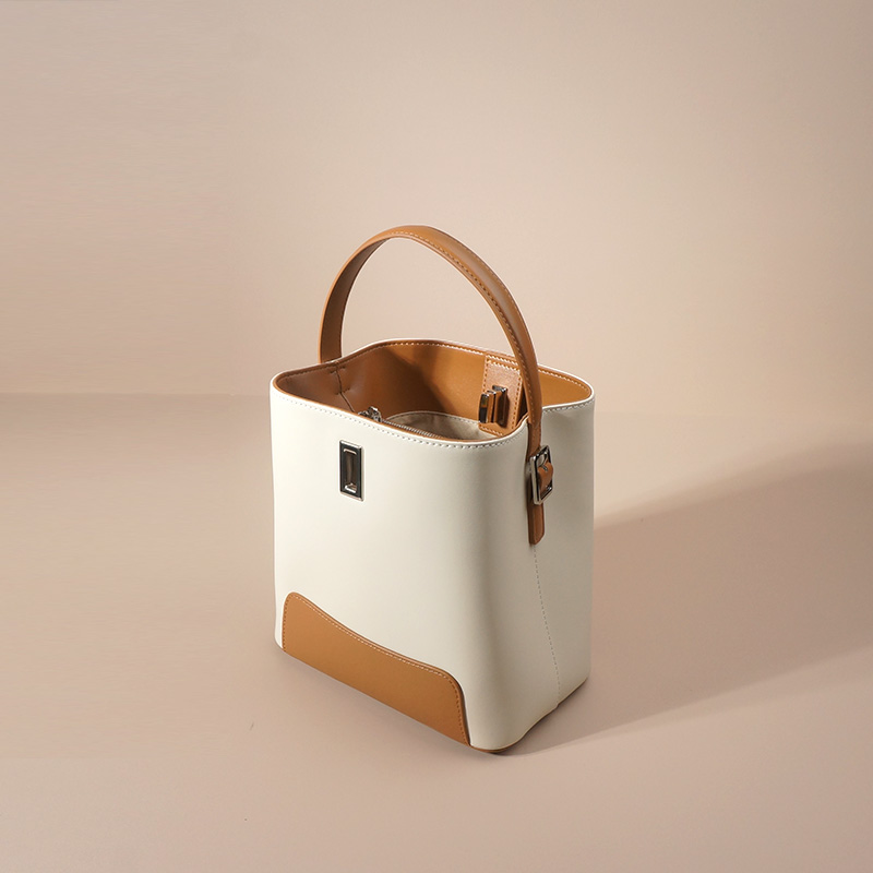 怪兽君小众撞色水桶包真皮通勤手提包单肩包牛皮斜挎包高级感百搭 - 图2