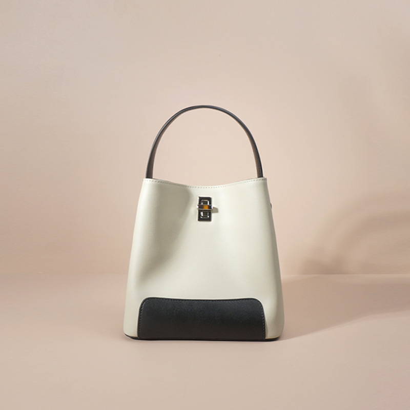 怪兽君小众撞色水桶包真皮通勤手提包单肩包牛皮斜挎包高级感百搭 - 图0