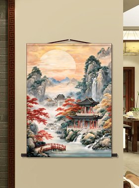 东北仙单堂单背景国风山水挂画