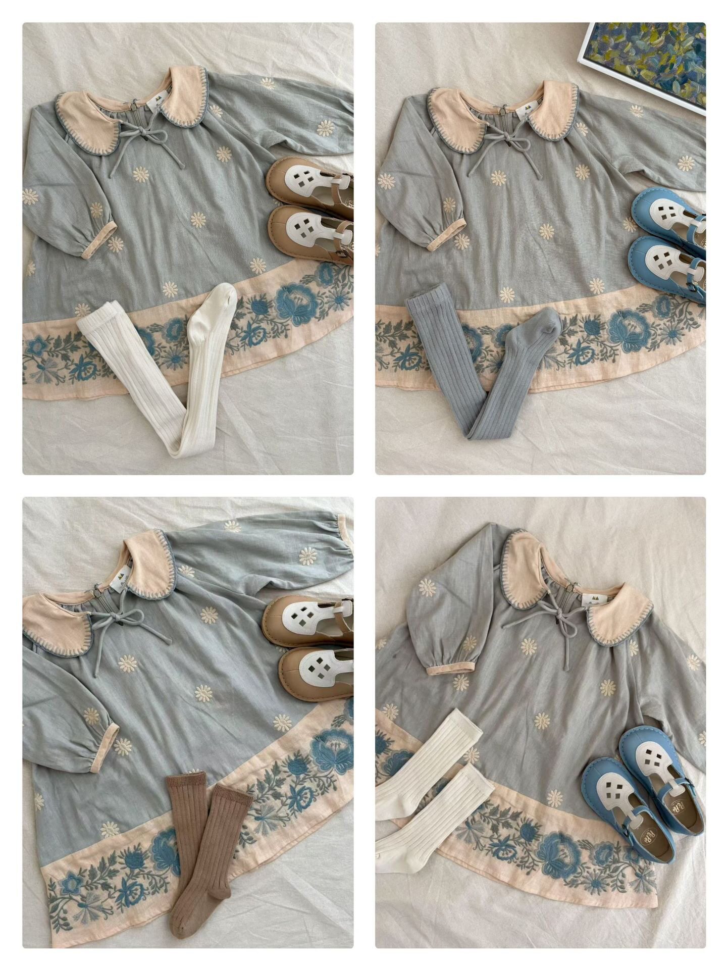 2025秋季apo新款女孩女童欧美风灰蓝雏色菊系重工翻领刺绣连衣裙 - 图0