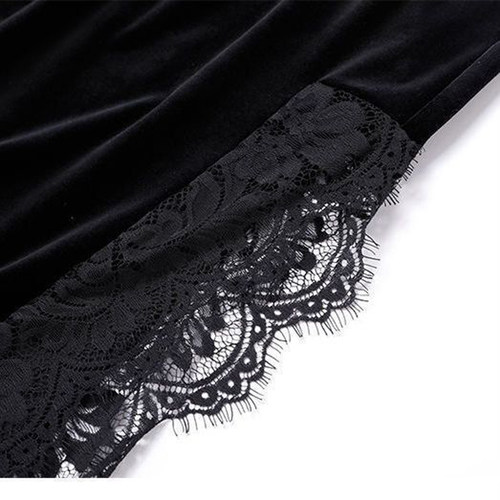 盈可人秋冬新款蕾丝花边松紧腰中长款包臀裙金丝绒侧开叉半身裙 - 图2