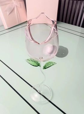 创意玫瑰花玻璃高脚杯红酒杯耐热网红香槟杯新款少女喝水杯专用