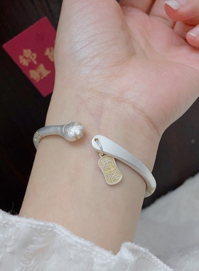 足银9999招财纳福猫爪银手镯女