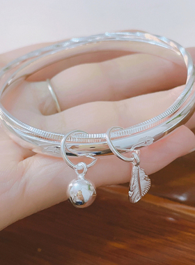 女999纯银羽毛铃铛吊坠手镯
