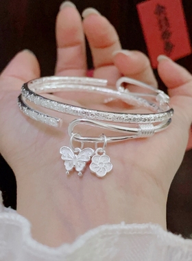 足银9999花朵蝴蝶吉言银手镯女
