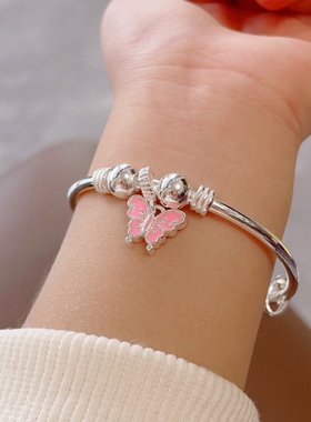 足银999粉色蝴蝶银手镯女