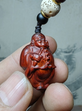 紫檀红木头精雕刻地主3老财神车钥匙扣小吊坠文盘玩手把挂件饰品