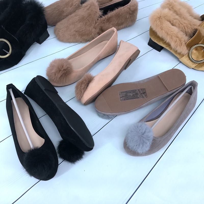 兔毛球绒面圆头平底浅口女芭蕾软毛单鞋休闲鞋工作鞋开车鞋秋冬女 - 图1