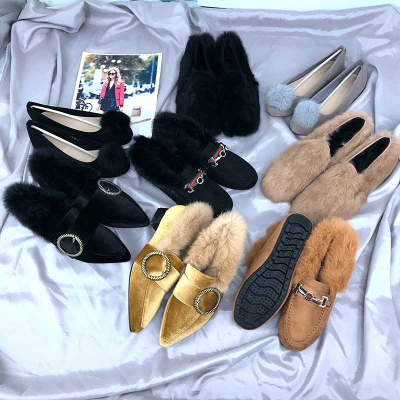 兔毛球绒面圆头平底浅口女芭蕾软毛单鞋休闲鞋工作鞋开车鞋秋冬女 - 图0