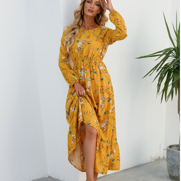 春季新款法式圆领碎花印花收腰A字波西米亚长袖连衣裙长裙女DRESS,淘宝优惠券,粉丝福利购,淘宝优惠卷