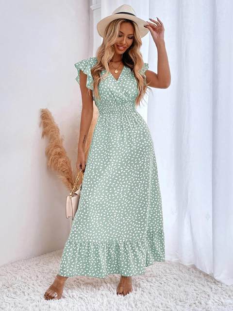 European and American ladies' new summer V-neck dotted printed waist A-line sleeveless ruffle dress long skirt DRESS