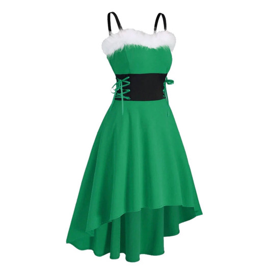 欧美毛毛领拼色系带收腰圣诞新年聚会派对系吊带修身不规则连衣裙