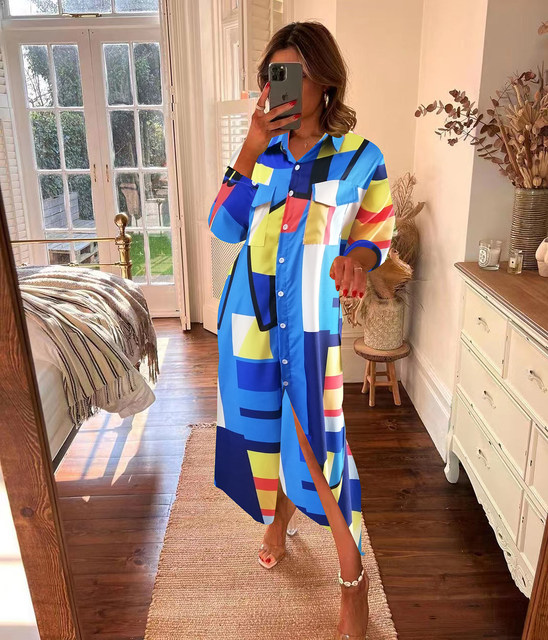 SINGLE BREASTED POLO COLLAR PLAID PRINT LONG SLEEVE DRESS