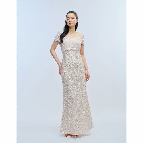 J TheChosen“柔蔓”原创设计 亮片飘带拼接蝴蝶结修身雪纺连衣裙 - 图1