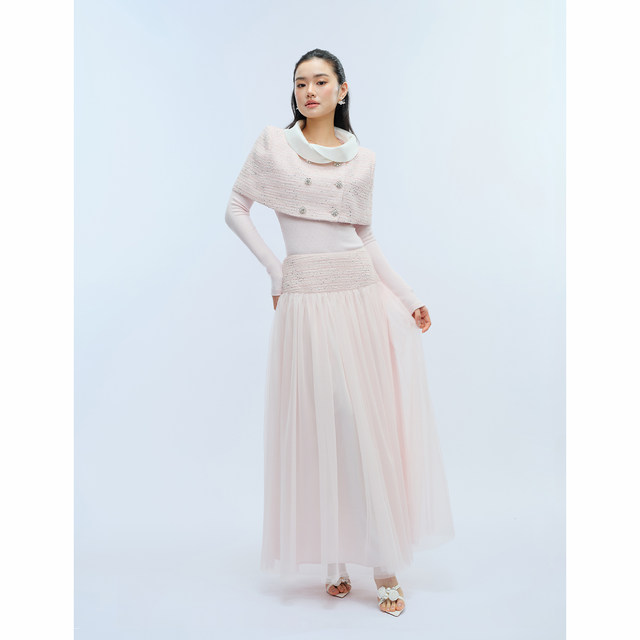 Satin stand collar shawl mesh skirt ຊຸດເຄື່ອງຫອມຂະຫນາດນ້ອຍ