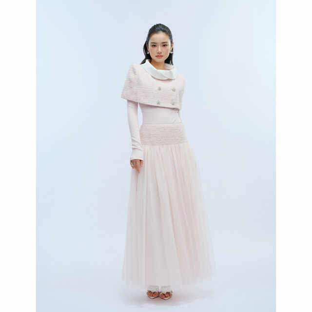 Satin stand collar shawl mesh skirt ຊຸດເຄື່ອງຫອມຂະຫນາດນ້ອຍ