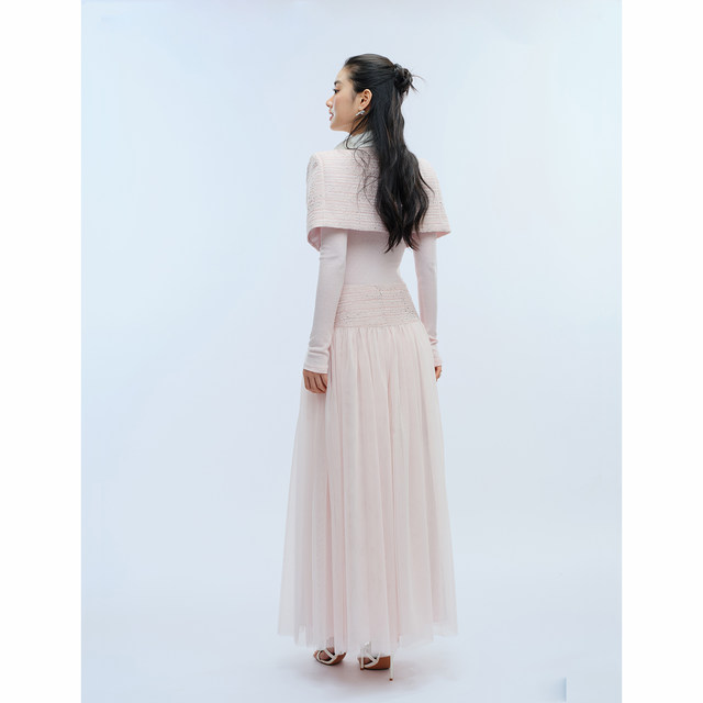 Satin stand collar shawl mesh skirt ຊຸດເຄື່ອງຫອມຂະຫນາດນ້ອຍ