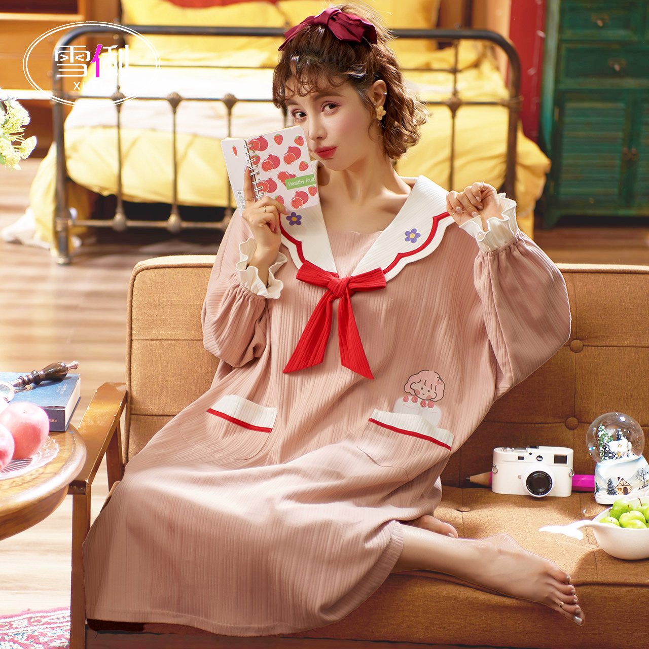 雪俐春秋季长袖卡通棉质娃娃领睡裙 雪俐睡裙