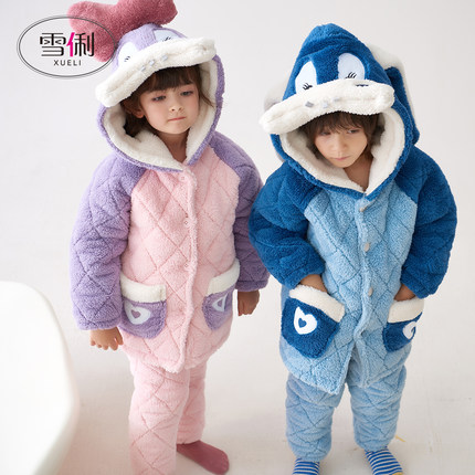 雪俐亲子冬季儿童睡衣2025新款三层加厚夹棉珊瑚绒男童女童家居服