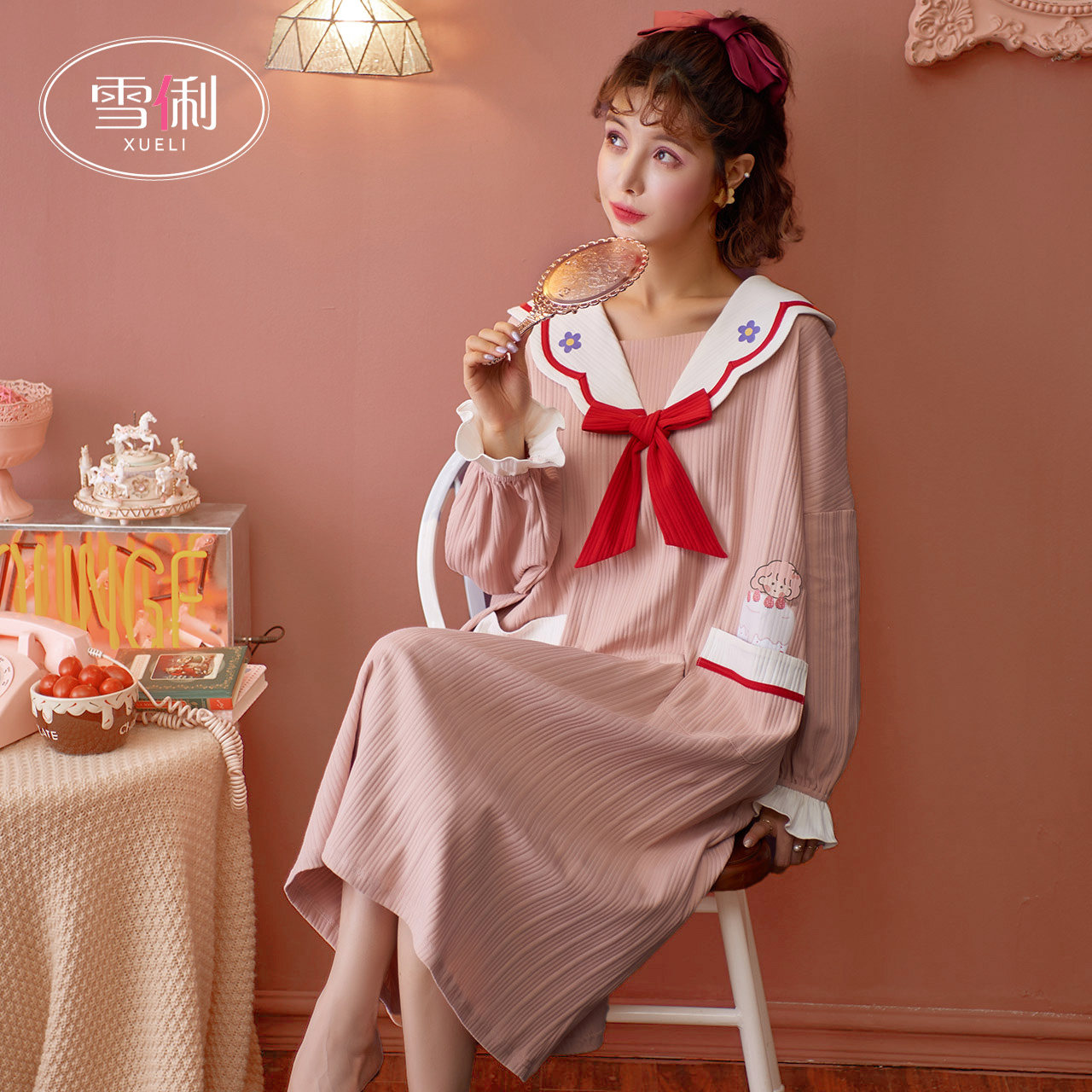 雪俐春秋季长袖卡通棉质娃娃领睡裙 雪俐睡裙