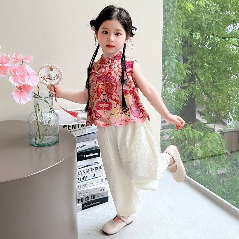 女童汉服夏季套装2025新款宝宝新中式旗袍背心阔腿裤中国风两件套,淘宝优惠券,粉丝福利购,淘宝优惠卷