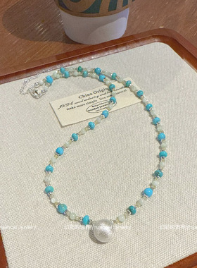 2025夏季上新复古蓝色松石银色豆豆项链女精致小众高级轻奢气质
