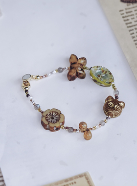 古猫捷克琉璃复古古着风蝴蝶手链