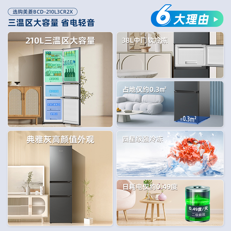 美菱210L三开门变频节能家用小型租房宿舍出租小户型冰箱官方旗舰