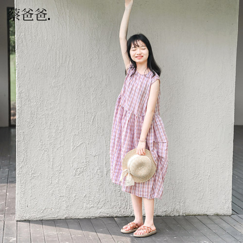 蔡爸爸童装2026新款夏装轻薄背心裙小个子女装全棉格子连衣裙1059 - 图1