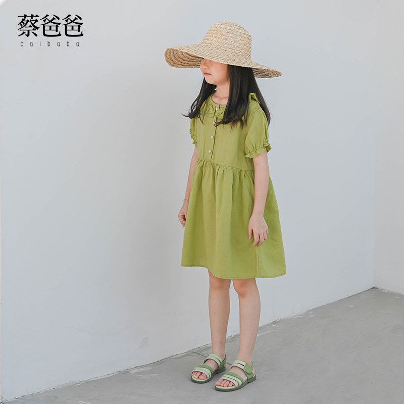 蔡爸爸童装 2026款夏装小清新绿色裙子 文艺苎麻女大童连衣裙733,淘宝优惠券,粉丝福利购,淘宝优惠卷