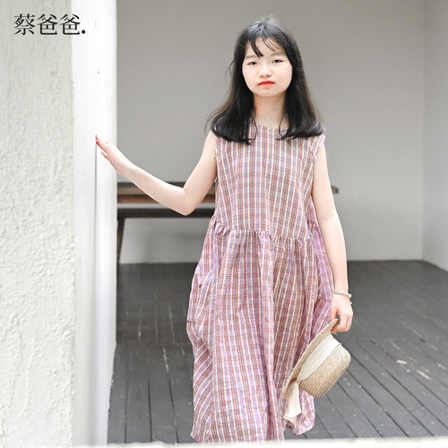 蔡爸爸童装2026新款夏装轻薄背心裙小个子女装全棉格子连衣裙1059 - 图0