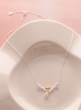 3件包邮 微镶闪耀珍珠 银色锁骨链细项链 法式赫本小香风黄色花朵